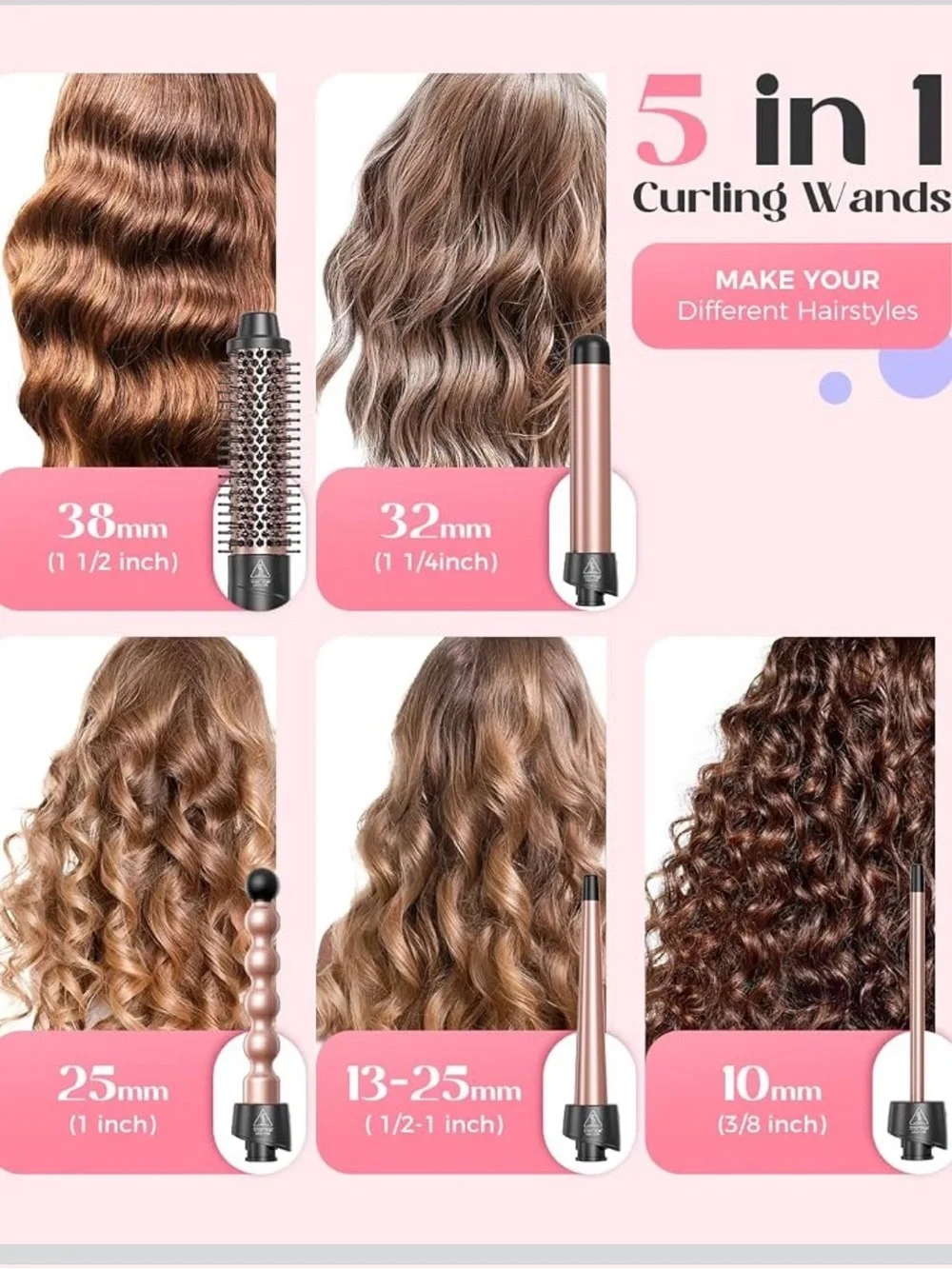 5-in-1 Rose Gold Hair Wand Curling Iron Set with Thermal Brush